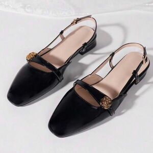 Black faux patent gold detail flats NWOT